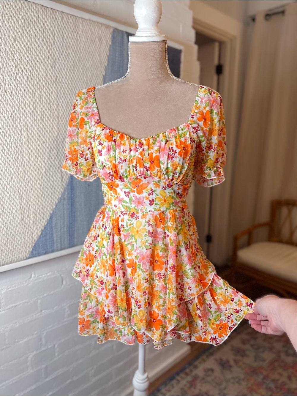 Honey & Sparkle Orange and Green Floral Puff Sleeve Romper